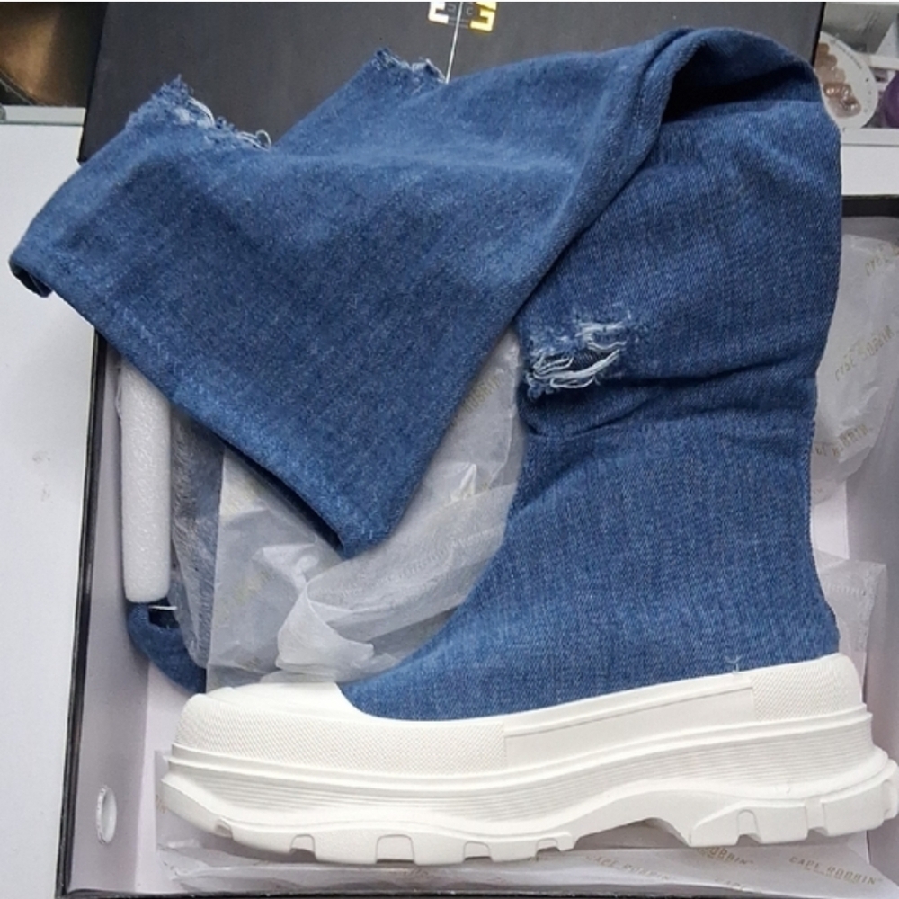 Cape Robbin Distressed Denim Blue Over-the-Knee Sock Boots with White Platform - Picture 7 of 12